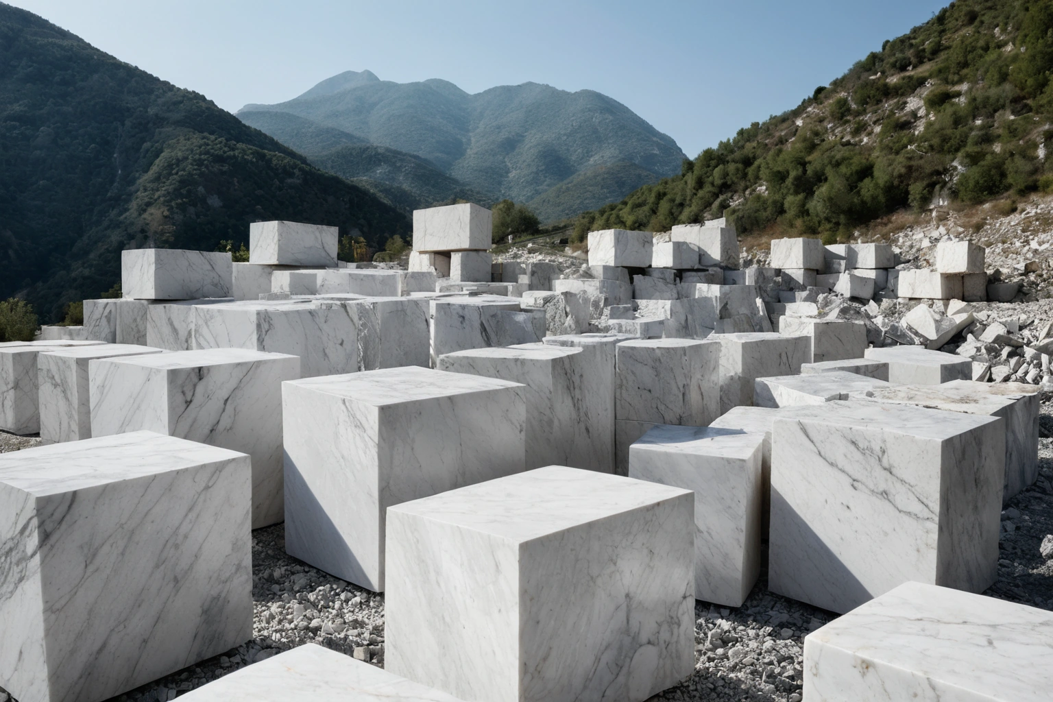 Carrara marble blocks in a quarry yard with marked stone faces