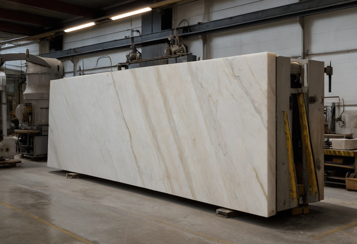 Marble slab being sawn and polished in an Italian stone workshop