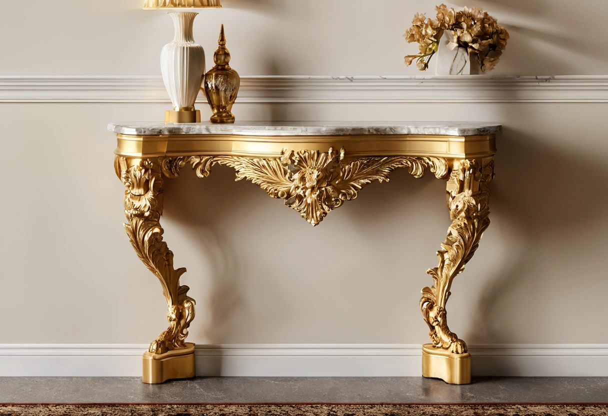 Classic console table with a white Carrara marble top and gilded base