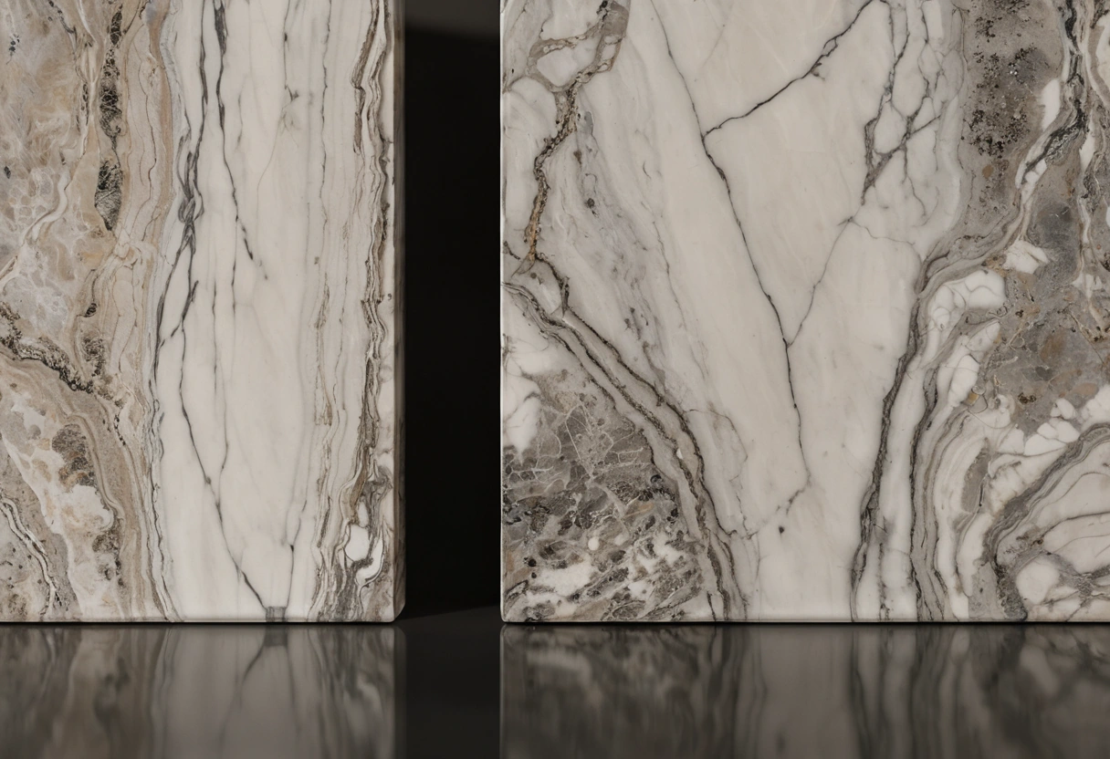 Two book-matched marble slabs with mirrored veins